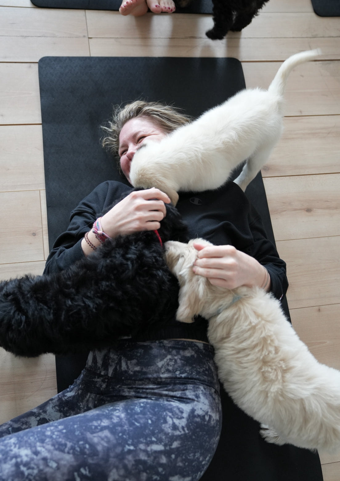 Person lying on a mat with two dogs, one black and one white, interacting during puppy yoga class at Reset Vibes Chicago